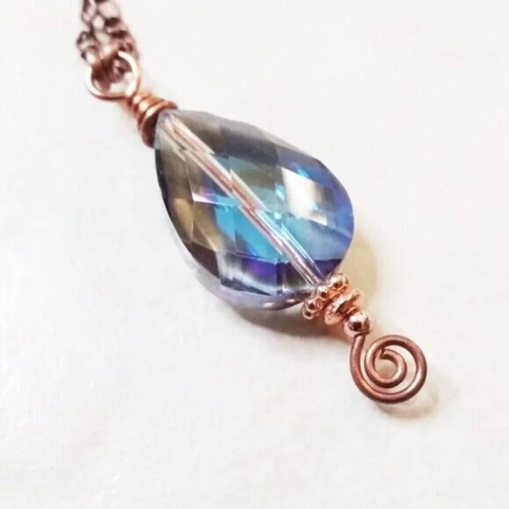 Gorgeous  Blue Color!!! Copper Wire Wrapped Faceted Teardrop + Figaro Chain